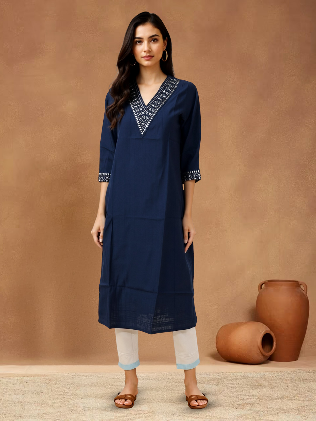 Picture of Elegant Mirror Work Straight V-Neck Kurta