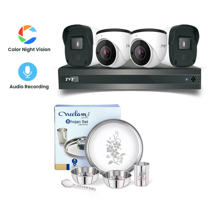 Picture of TVT 4 CCTV Cameras Combo (2 Indoor & 2 Outdoor CCTV Cameras) (Colour View With Mic) 👨🏻‍🔧 With CCTV Installation+ 4CH DVR + HDD + Accessories + Power Supply + 90m Cable + Neelam Dinner Set