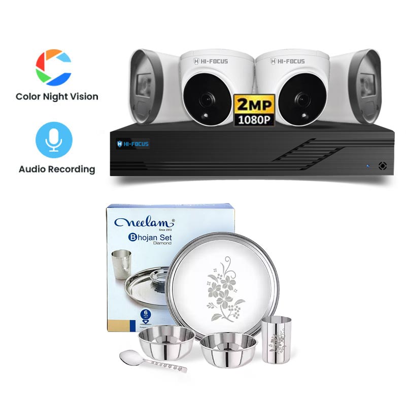 Picture of Hi-Focus 4 CCTV Cameras Combo (2 Indoor & 2 Outdoor CCTV Cameras) (Colour View With Mic)+ 4CH DVR + HDD + Accessories + Power Supply + 90m Cable + Neelam Dinner Set