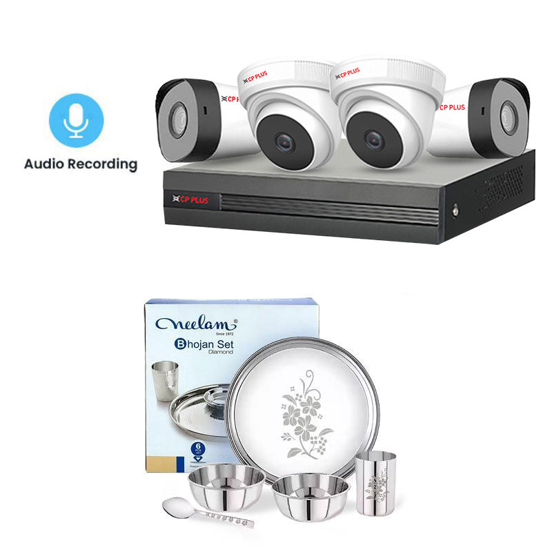 Picture of CP PLUS 4 CCTV Cameras Combo (2 Indoor & 2 Outdoor CCTV Cameras with mic) + DVR + HDD + Accessories + Power Supply + 90m Cable + Neelam Dinner Set