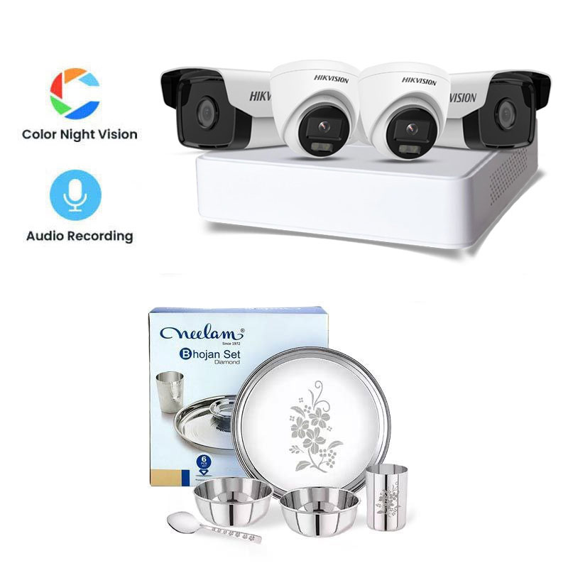 Picture of Hikvision 4 CCTV Cameras Combo (2 Indoor & 2 Outdoor CCTV Cameras) (Colour's View with mic) + 4CH DVR + HDD + Accessories + Power Supply + 90m Cable + Neelam Dinner Set
