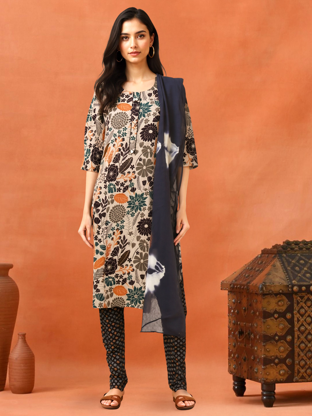 Garden-Inspired Ethnic Ease Printed Straight kurta with Pant & Dupatta Set