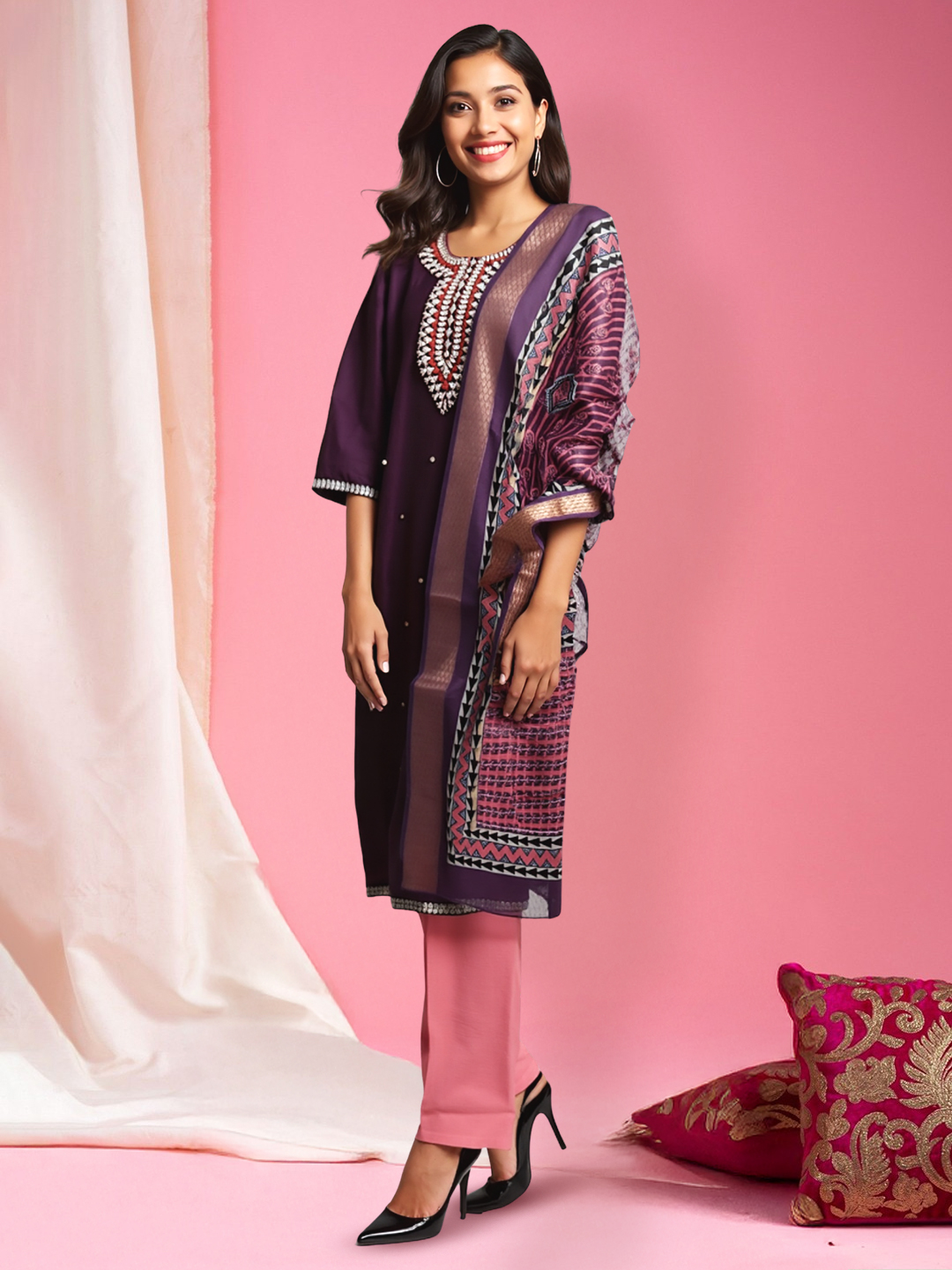 Exquisite Embroidered Kurta with Pant & Delicate Dupatta Set