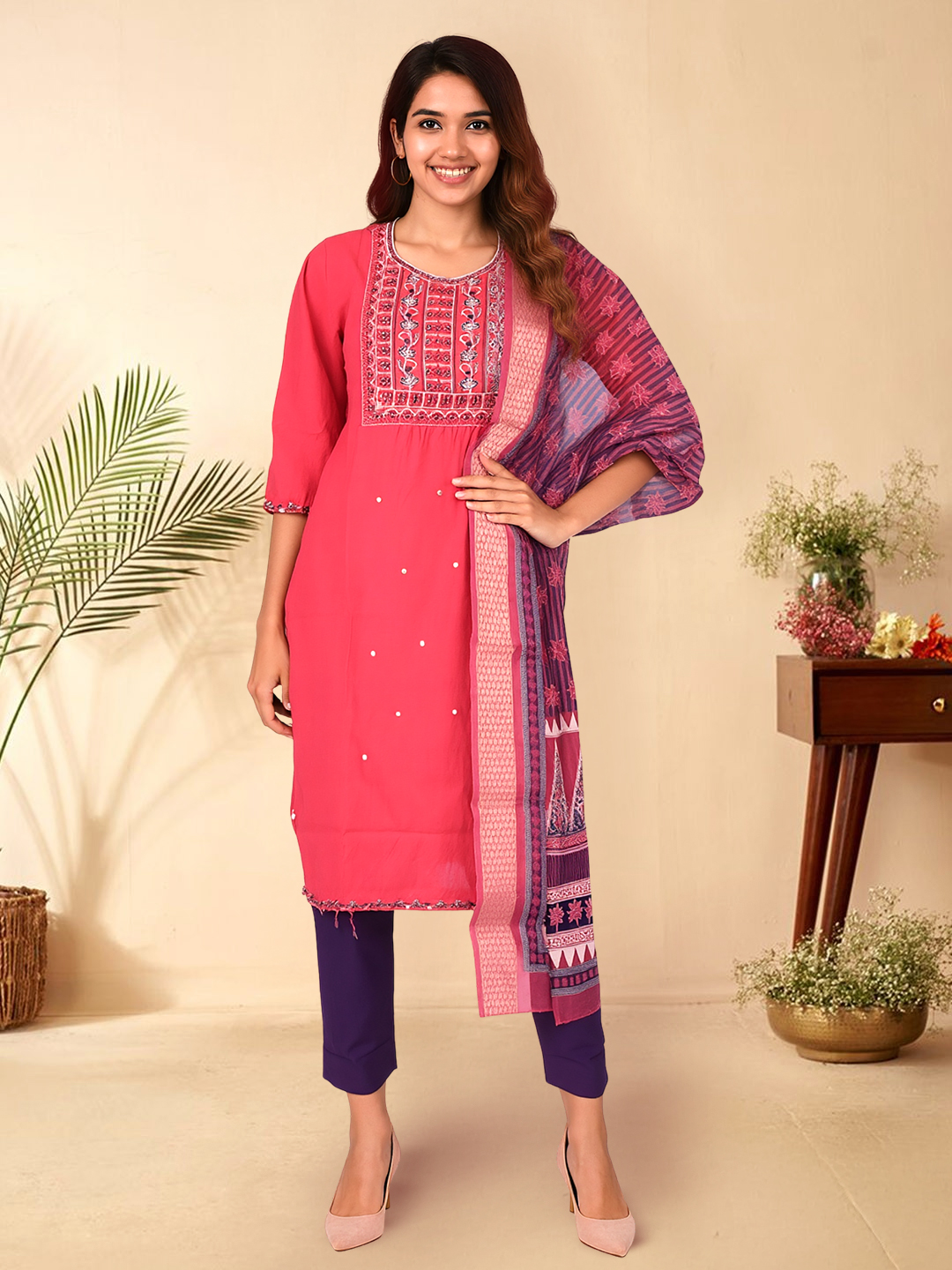 Vibrant Embroidered Kurta with Pant & Graceful Dupatta Set