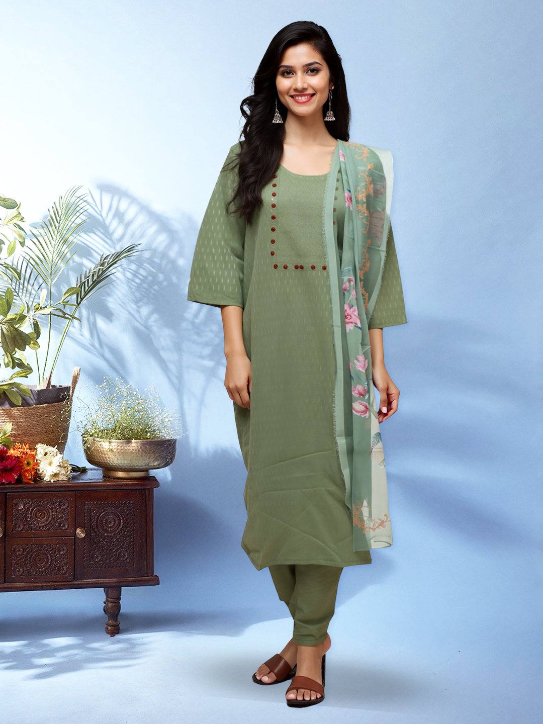 Graceful Glow  Embroidered Kurta with Pant & Floral Printed Dupatta Set