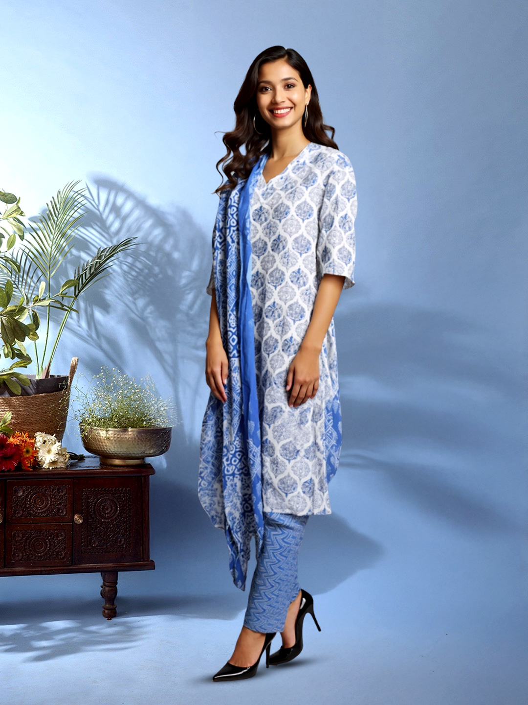 Picture of Elegant Simplicity Printed Straight V-Neck Kurta with Pant & Dupatta Set