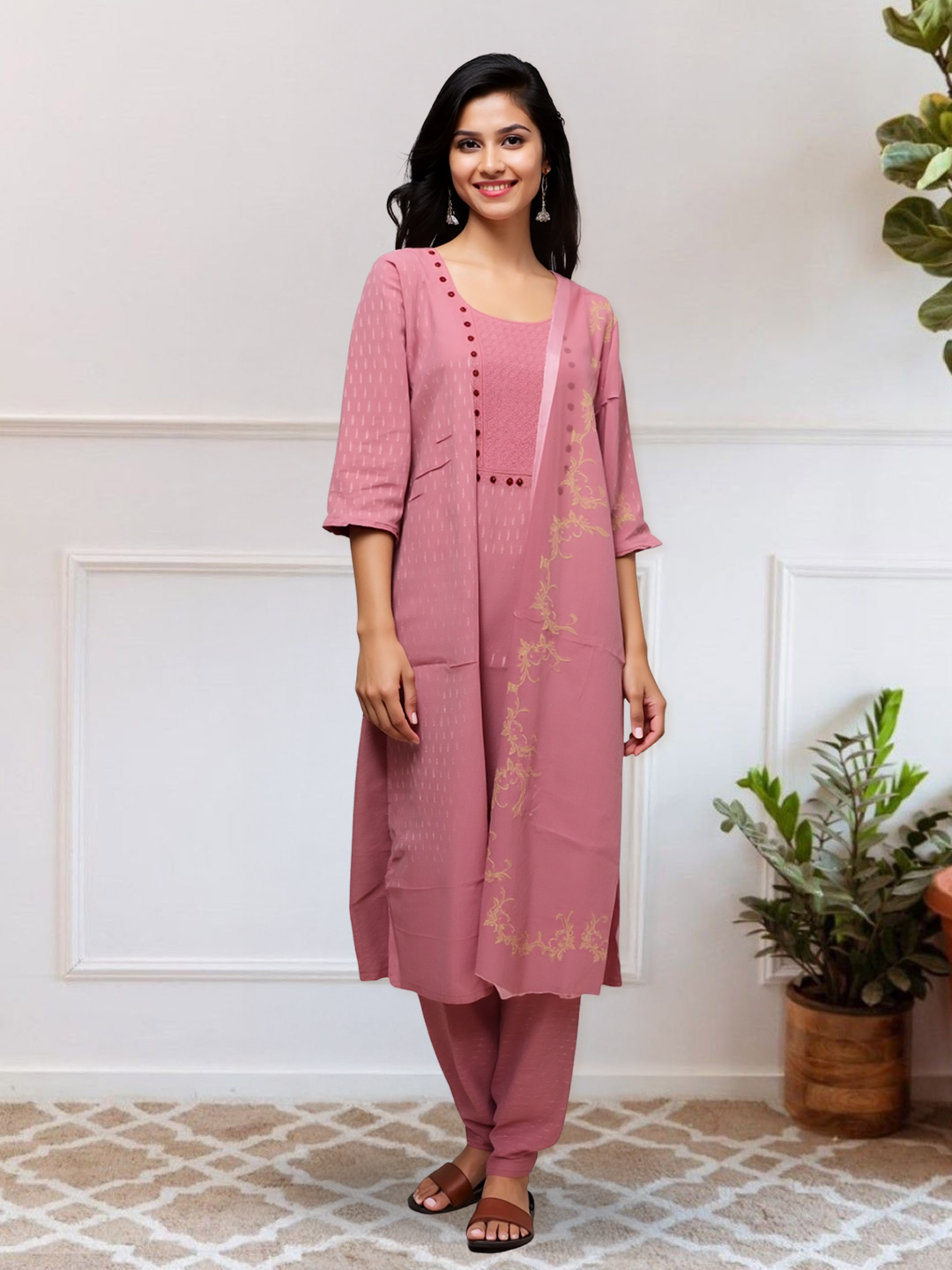 Graceful Glow  Embroidered Kurta with Pant & Floral Printed Dupatta Set