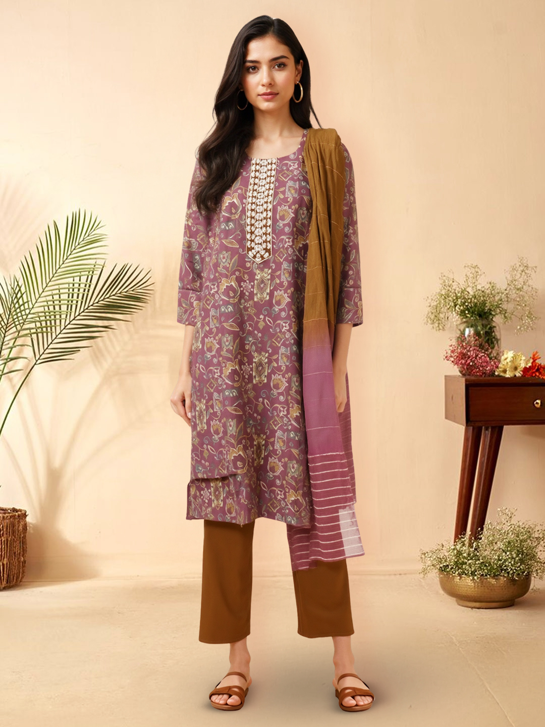 Graceful Printed with Embroidered Detailing Kurta with Pant & Dupatta Set