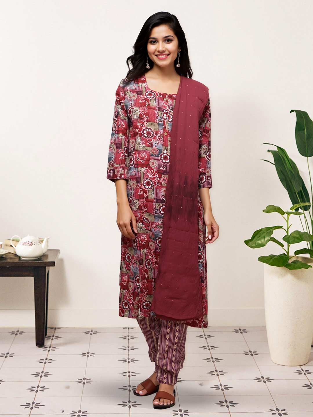 Elegant Floral and Patchwork Print kurta with Pant & Dupatta Set