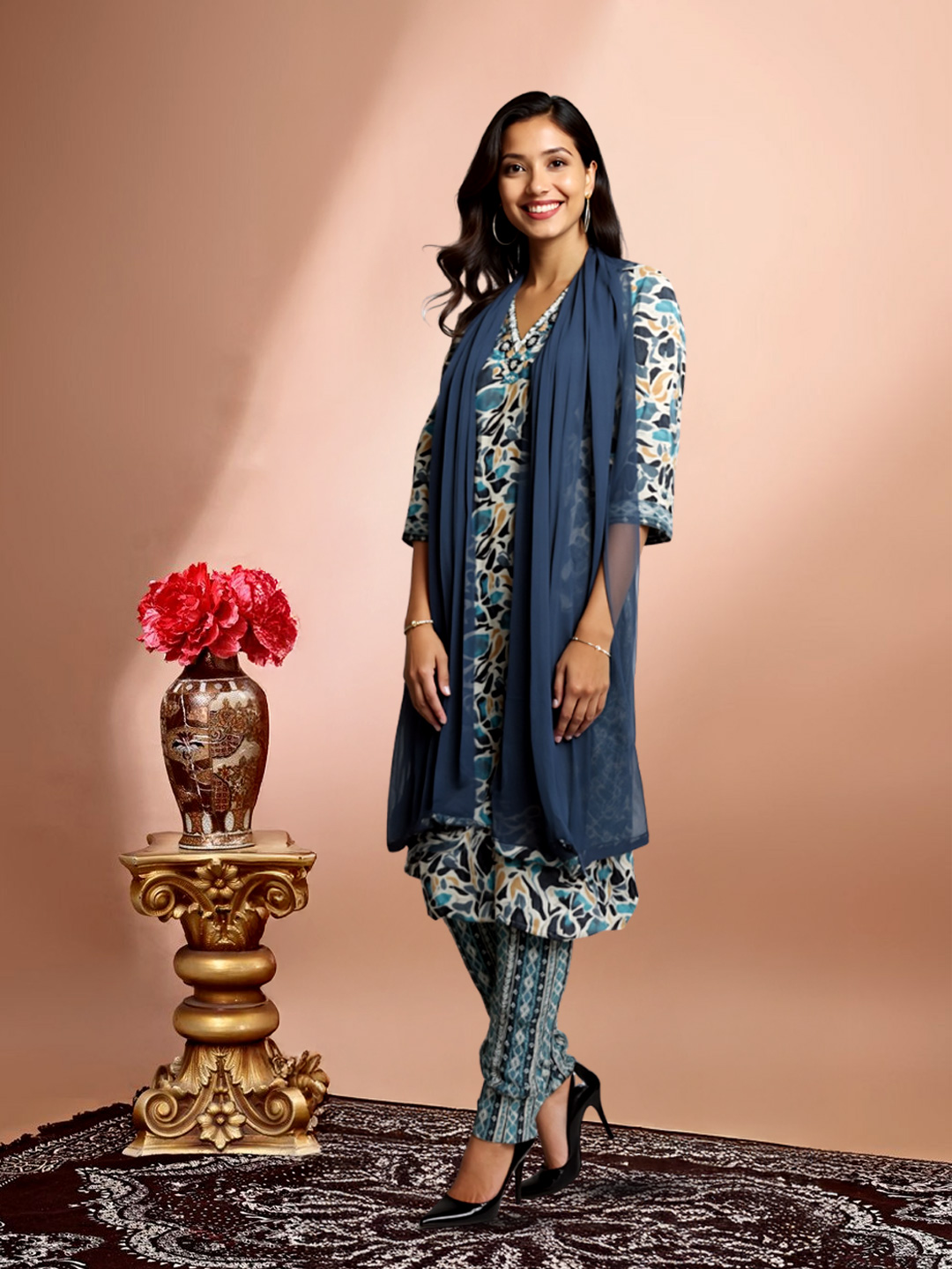 Picture of Elegant Floral Print Embroidered V-Neck kurta with Pant & Dupatta Set