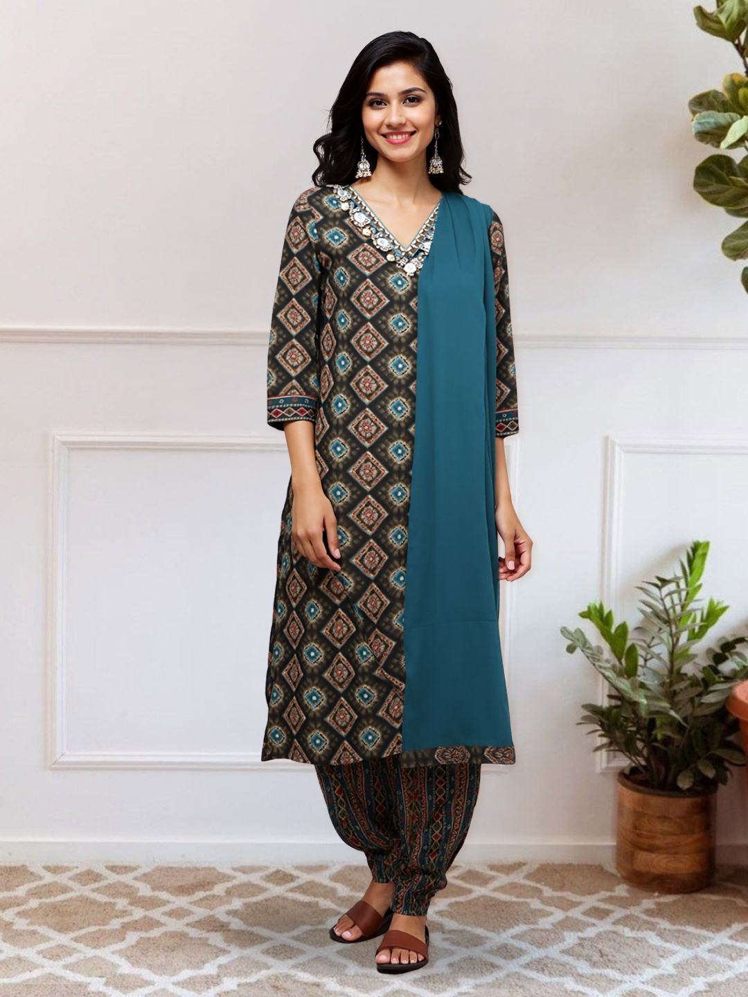Boho Chic Print Embroidered V-Neck kurta with Pant & Dupatta Set