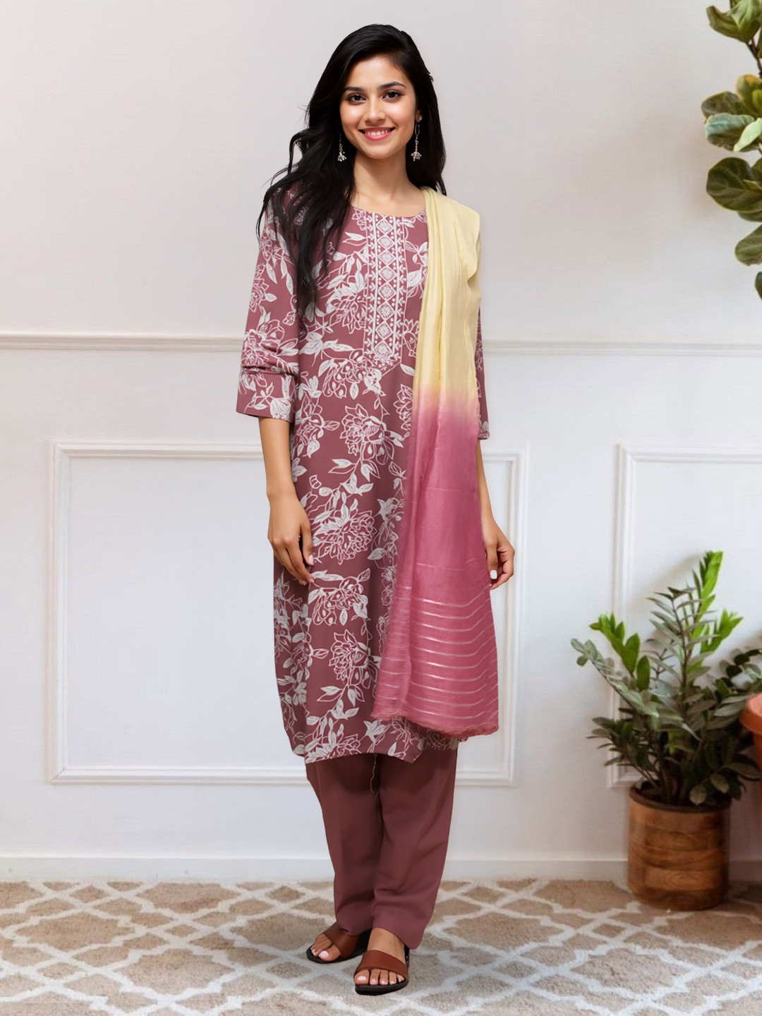 Floral Printed Kurta with Pant & Dupatta Set