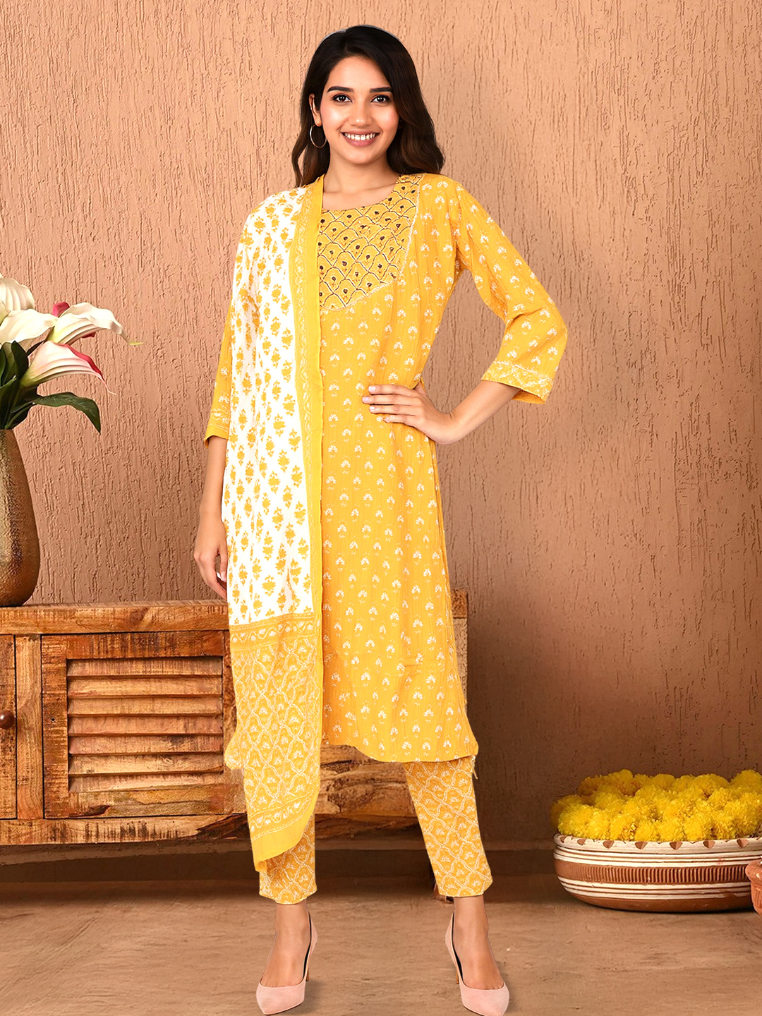 Bright Floral Printed Kurta with Pant & Dupatta Set