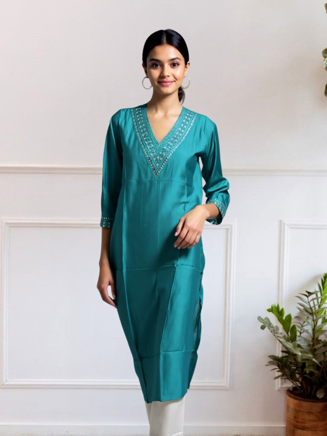 Elegant Mirror Work Straight V-Neck Kurta
