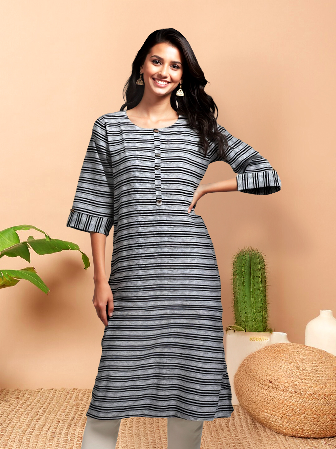 Chic Comfort, Textured Striped Straight Kurta 