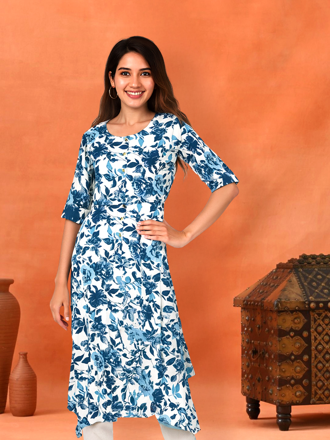 Floral Printed Kurta with Flowy High-Low Hemline