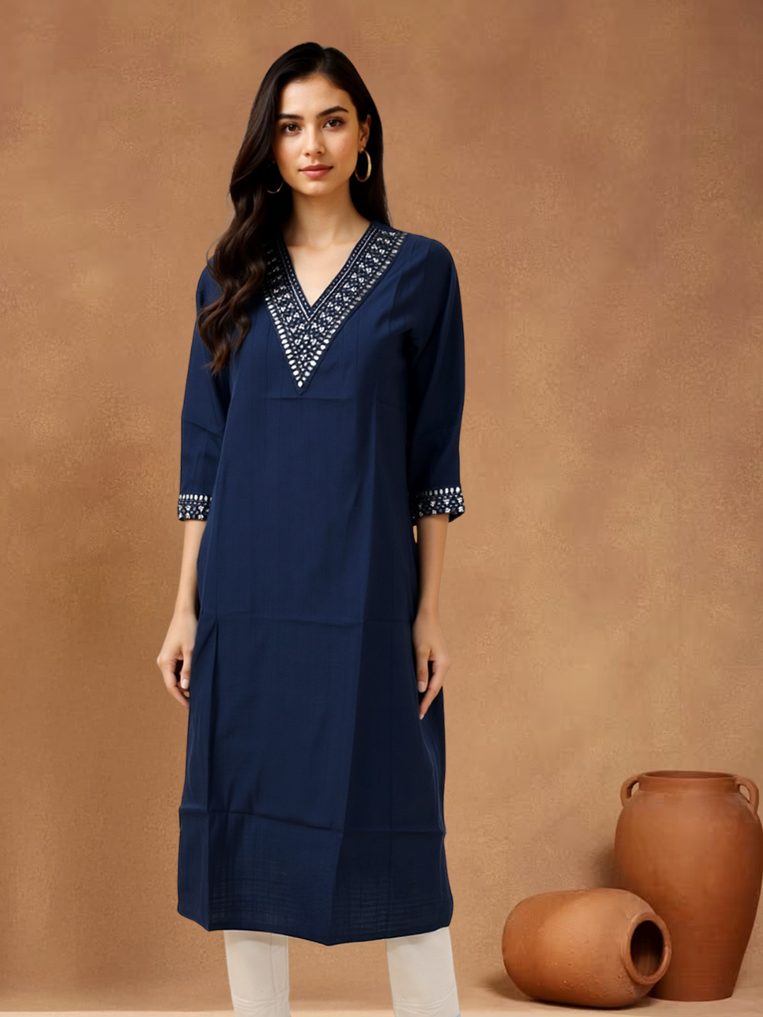Elegant Mirror Work Straight V-Neck Kurta