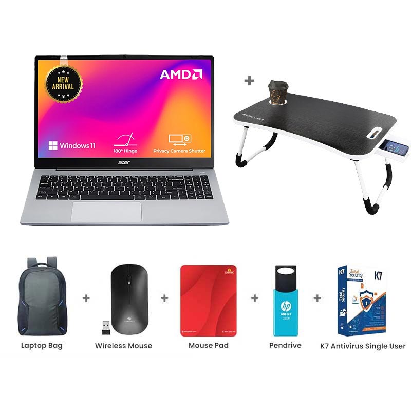 Picture of Acer Aspire 3 -  AMD Ryzen R3 7330U 15.6" (39.62 cm) AS15-42 Thin and Light Laptop (8GB/ 512GB SSD/ Full HD IPS Display/ AMD Radeon Graphics/ Windows 11 Home/ 1 Year Warranty/ Pure Silver/ 1.79 kg) with Laptop Table + Laptop Bag + Wireless Mouse + Mouse Pad + Pendrive + K7 Antivirus Single User