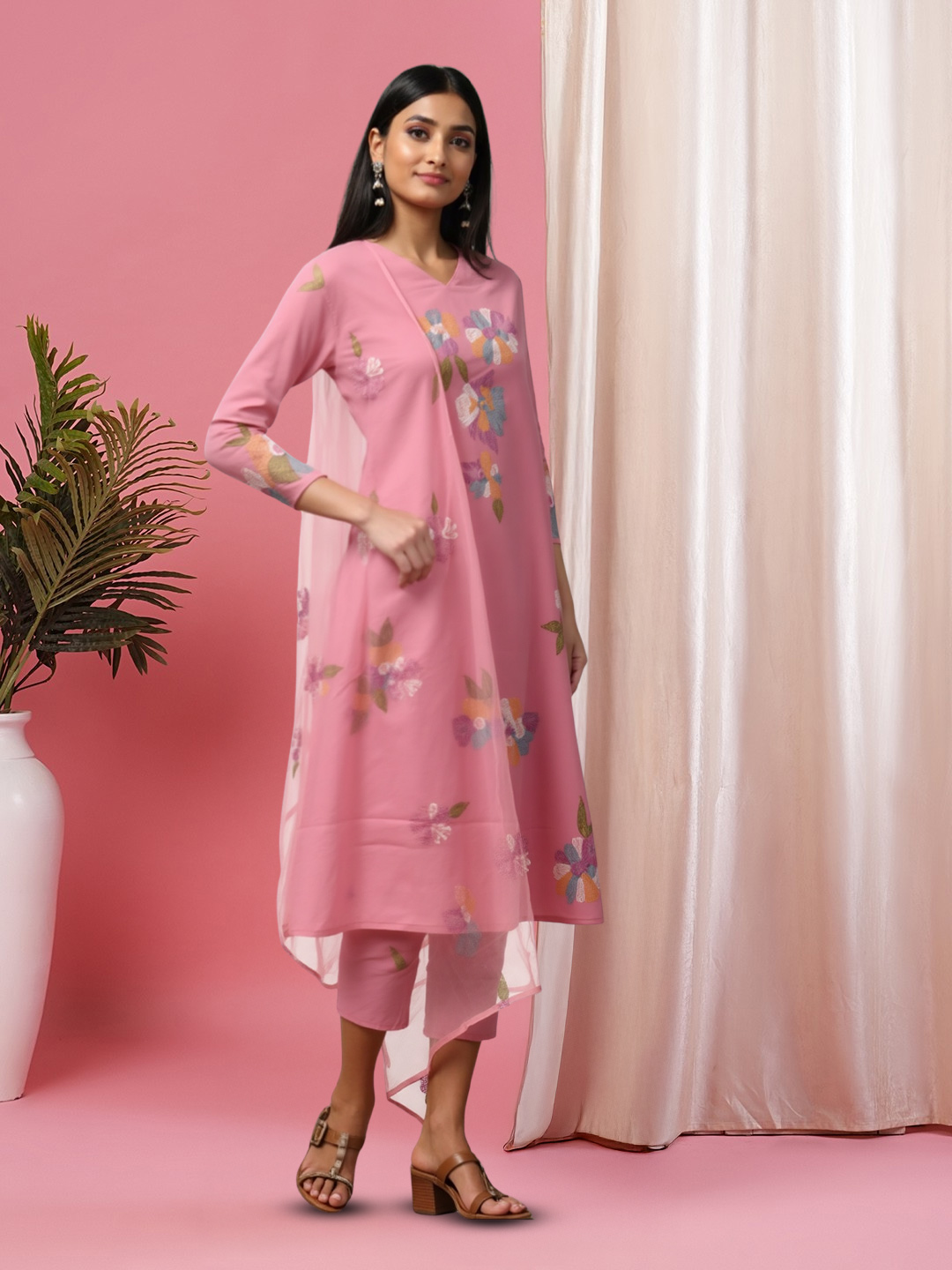Picture of Beautiful Multi-Colored Floral Embroidered Kurta with Pant & Sheer Dupatta Set