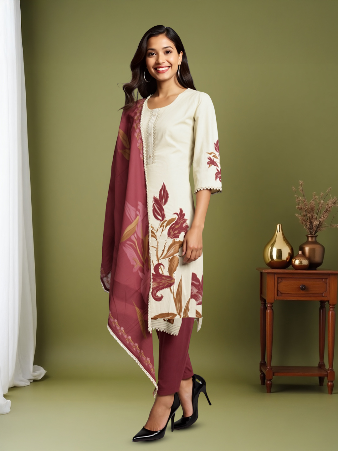 Graceful Floral  Printed Kurta with Pant & Stylish Dupatta Set