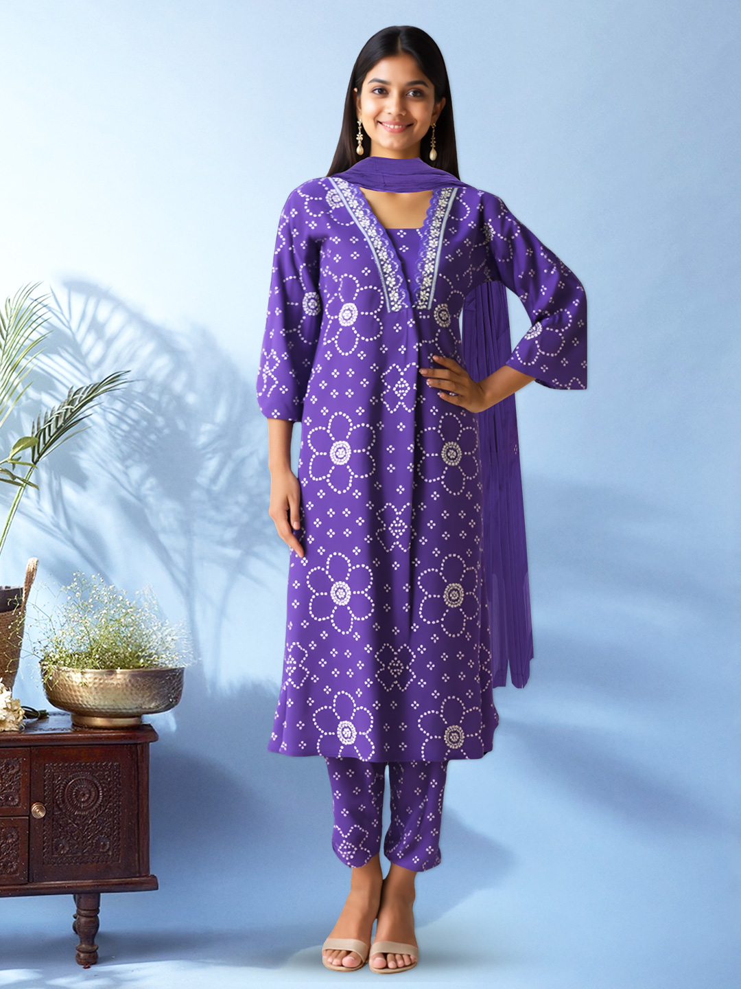 Radiant Embroidered Anarkali Style Kurta with Pant & Printed Dupatta Set