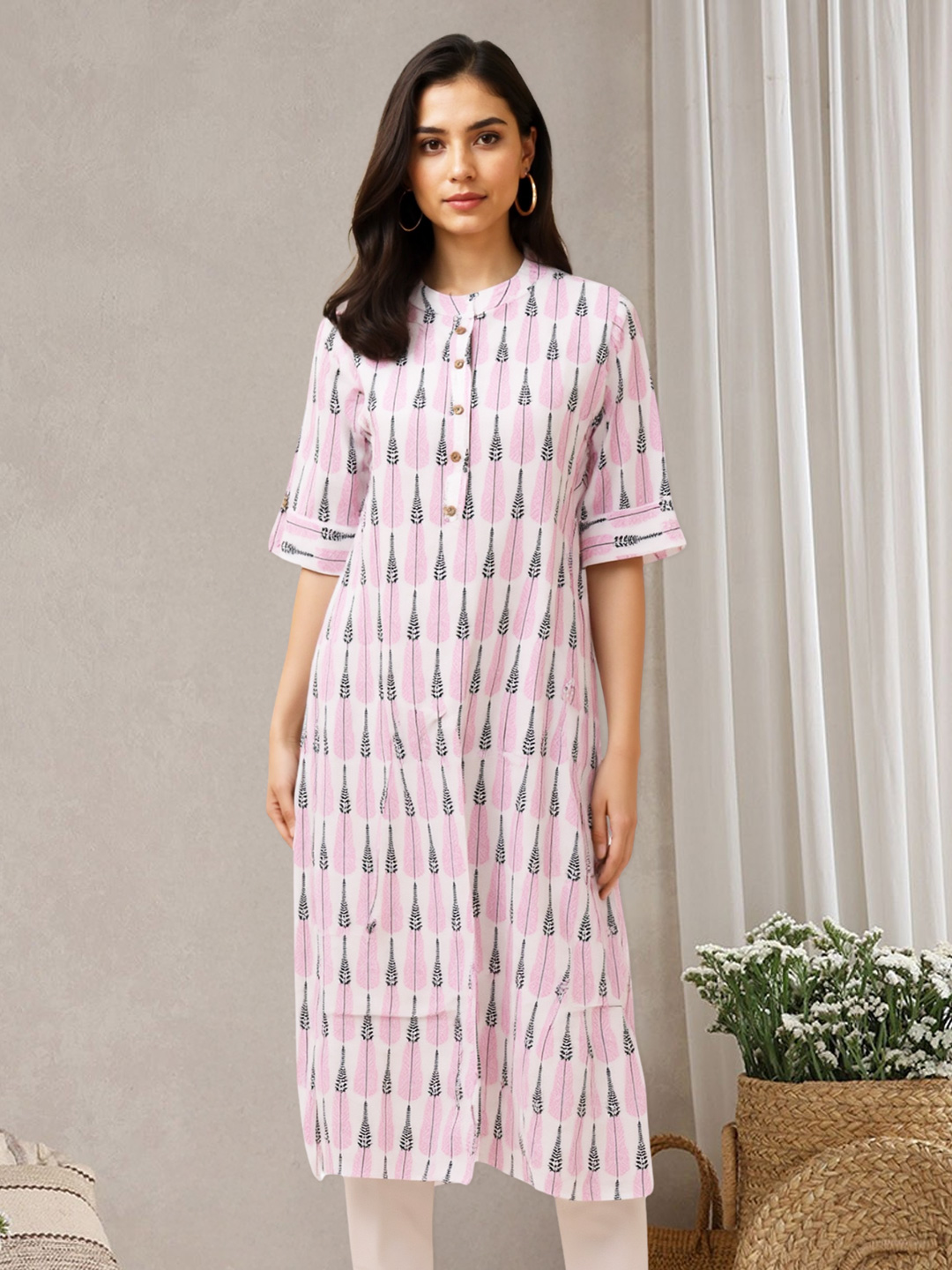 Trendy Buttoned High Round Neck Printed Kurta