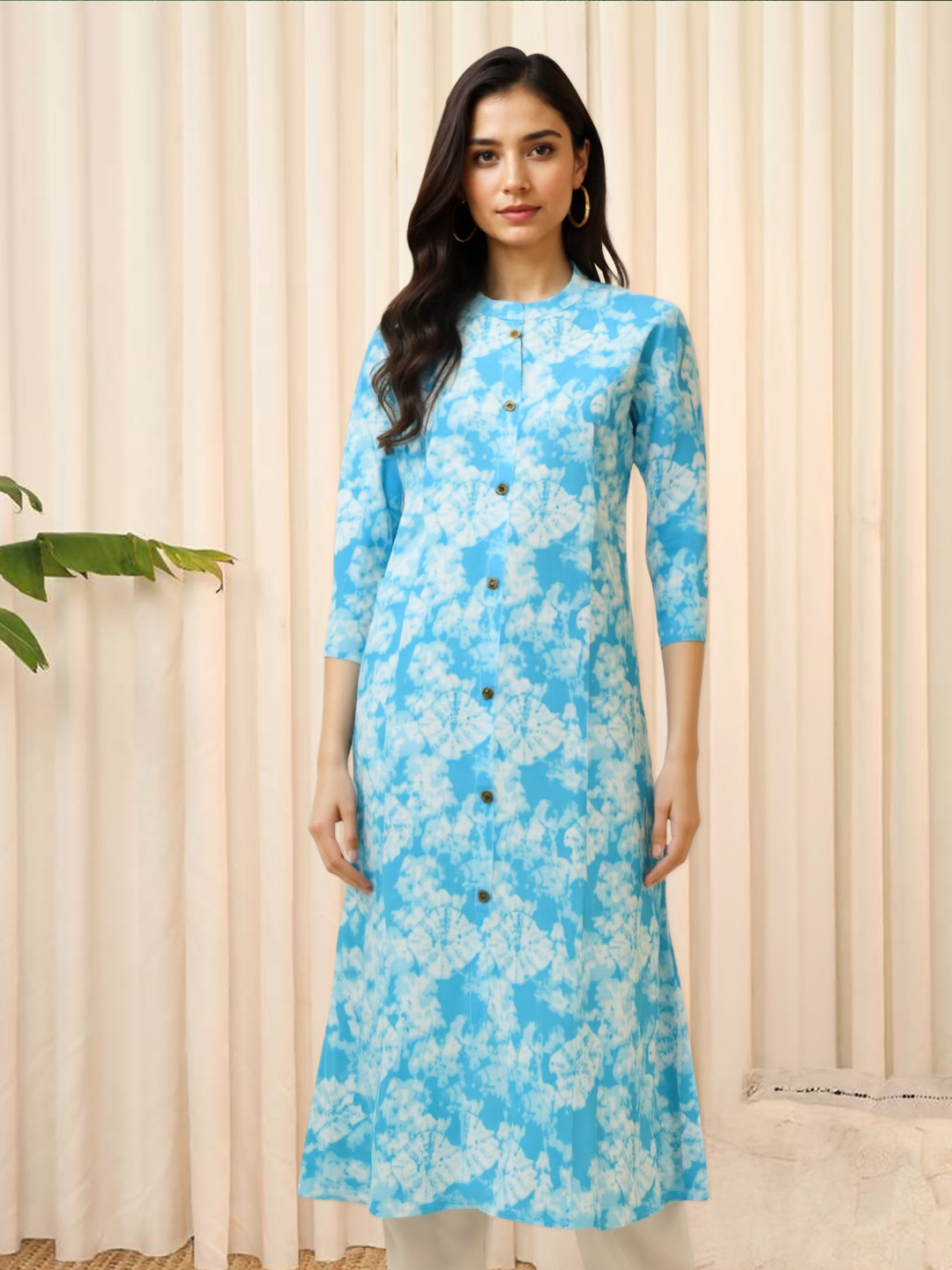 Abstract Tie-Dye Printed High Round Neck Straight-Cut kurta