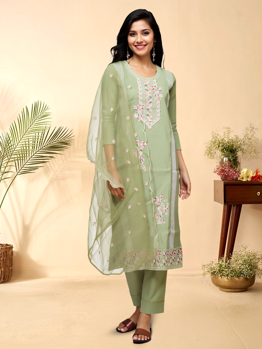 Picture of Floral Thread Embroidery Straight-Cut Kurta with Pant & Embroidered Net Dupatta Set