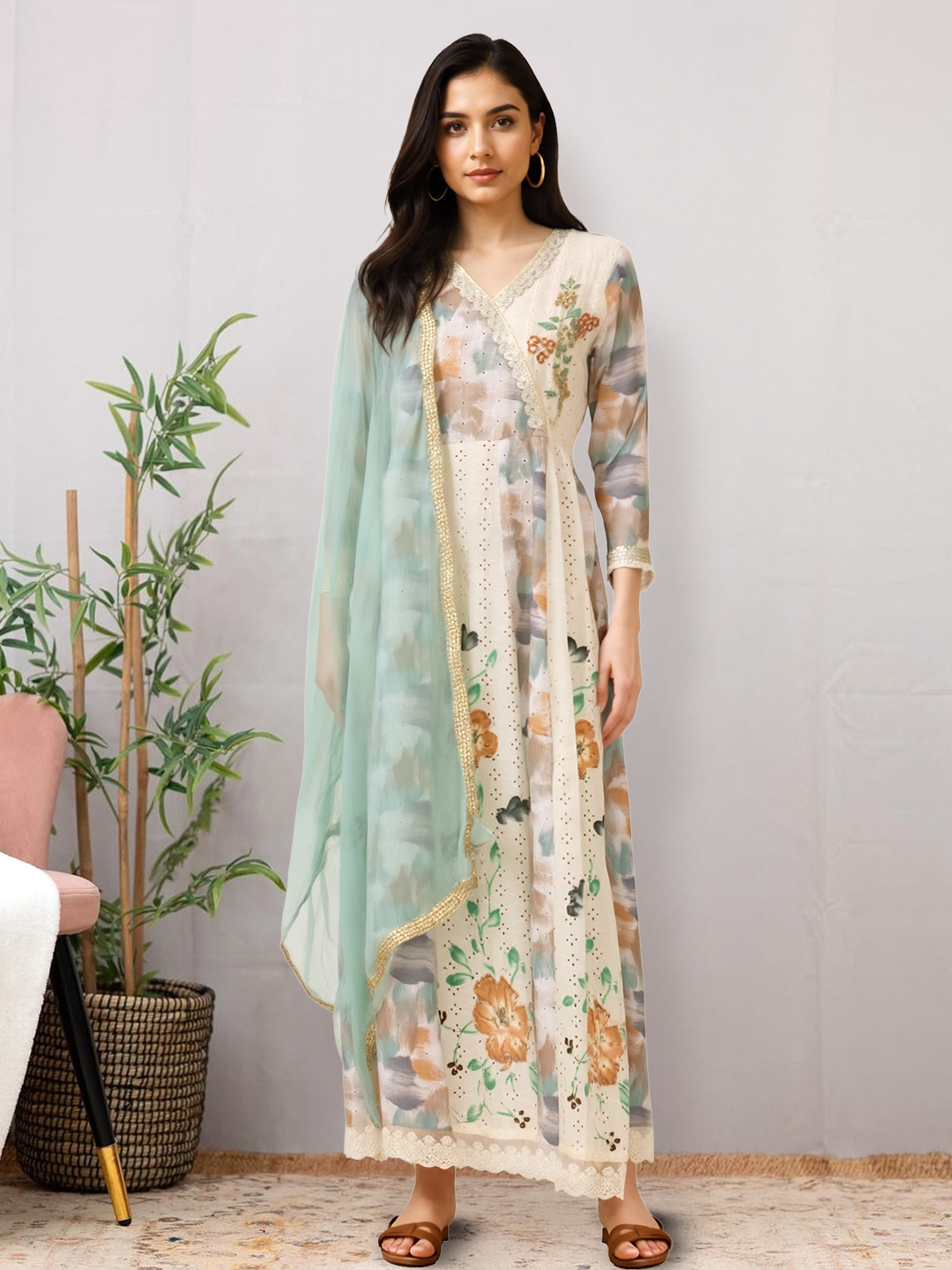 Picture of Soft Elegance Floral Vibes V-Neck Embroidered Anarkali  Suit Set