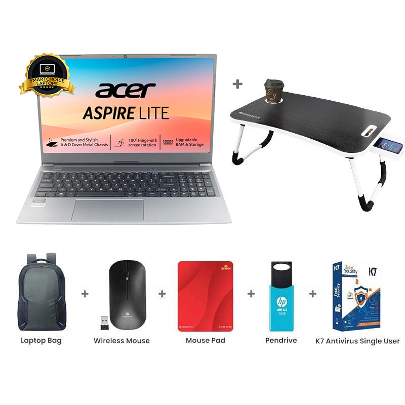 Picture of Acer Aspire Lite - AMD Ryzen 3 7330U 15.6" (39.62 cm) AL15-41 Thin & Light Laptop  (8GB/ 512GB SSD/ Full HD Display / ‎AMD Radeon Graphics/ Windows 11 Home / 1Year Warranty/ Steel Gray/ 1.6 Kg) with Laptop Table + Laptop Bag + Wireless Mouse + Mouse Pad + Pendrive + K7 Antivirus Single User 