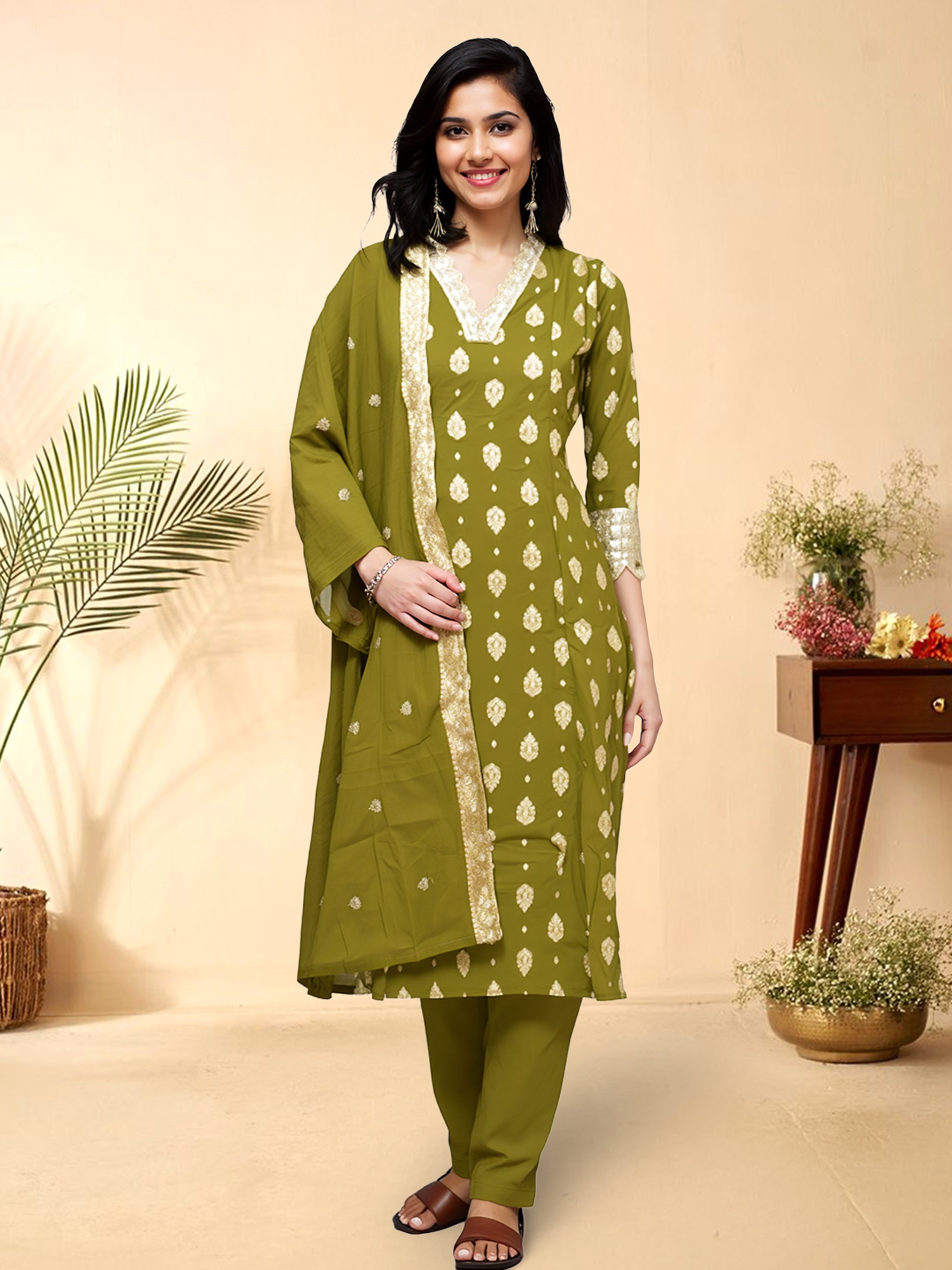 Picture of Elegant Ethnic Ensemble for Every Celebration Embroidery V-Neckline Kurta with Pant &  Dupatta Set