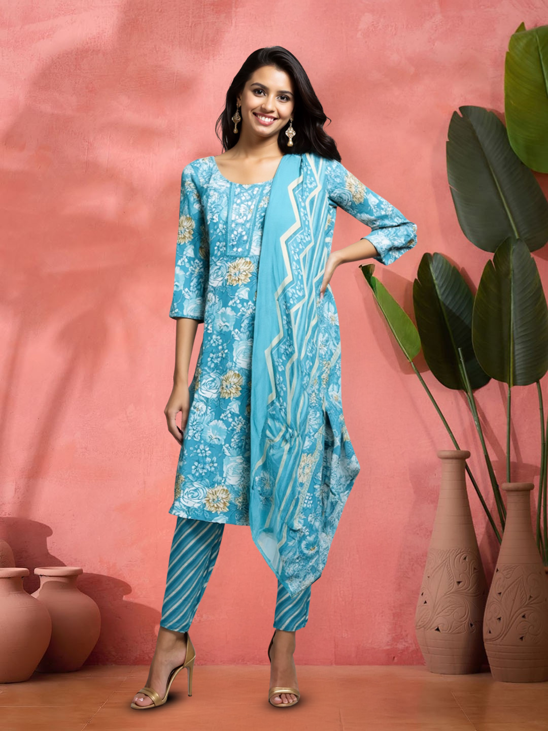 Picture of Grace in Bloom Floral Embroidered Neckline Kurta with Pant & Dupatta Set