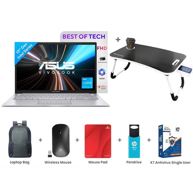 Picture of Asus Vivobook 14 - Intel Core i3-1315U 14" (35.56 cm) X1404VA-NK761WS Thin and Light Laptop (8GB/ 512GB SSD/ Full HD Display/ Intel UHD Graphics/ Windows 11 Home/ Office Home 2024/ 1Year Warranty/ Cool Silver/ 1.40 Kg) + with Laptop Table + Laptop Bag + Wireless Mouse + Mouse Pad + Pendrive + K7 Antivirus Single User