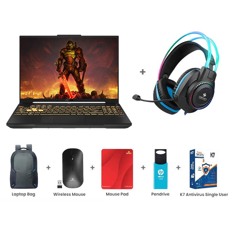 Picture of Asus TUF Gaming F16 - Intel Core 5 210H 16" (40.64 cm) FX607VB-RL087WS Gaming Laptop (16GB/ 512GB SSD/ Full HD Plus Display/ NVIDIA GeForce RTX 3050A/ Windows 11 Home/ MS Office 2024/ 1Year Warranty/ Mecha Gray/ 2.20 Kg) Zebronics Zeb-Jet Premium Gaming Headphone + Laptop Bag + Wireless Mouse + Mouse Pad + Pendrive + K7 Antivirus Single User