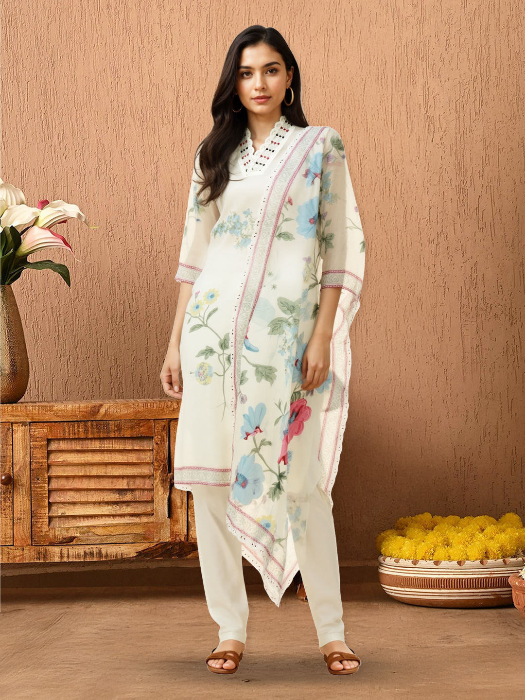 Ethnic Floral Printed  V-Neck Kurta with Pant & Dupatta Set