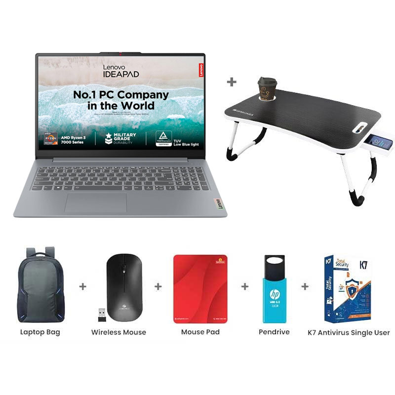 Picture of Lenovo IdeaPad Slim 3 - AMD Ryzen 3 7320U 15.6" (39.62 cm) 82XQ00MDIN Thin & Light Laptop (8GB / 512GB SSD/ Full HD Display/ Camera Privacy Shutter/ Integrated AMD Radeon 610M Graphics/ Anti-glare/ Windows 11 Home/ MS Office 2024/ 1Year Warranty/ Arctic Grey/ 1.62 kg) with Laptop Table + Laptop Bag + Wireless Mouse + Mouse Pad + Pendrive + K7 Antivirus Single User