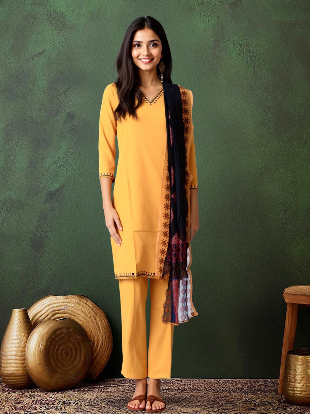 Picture of Beautifully Crafted V-Neck Kurta with Pant & Dupatta Set