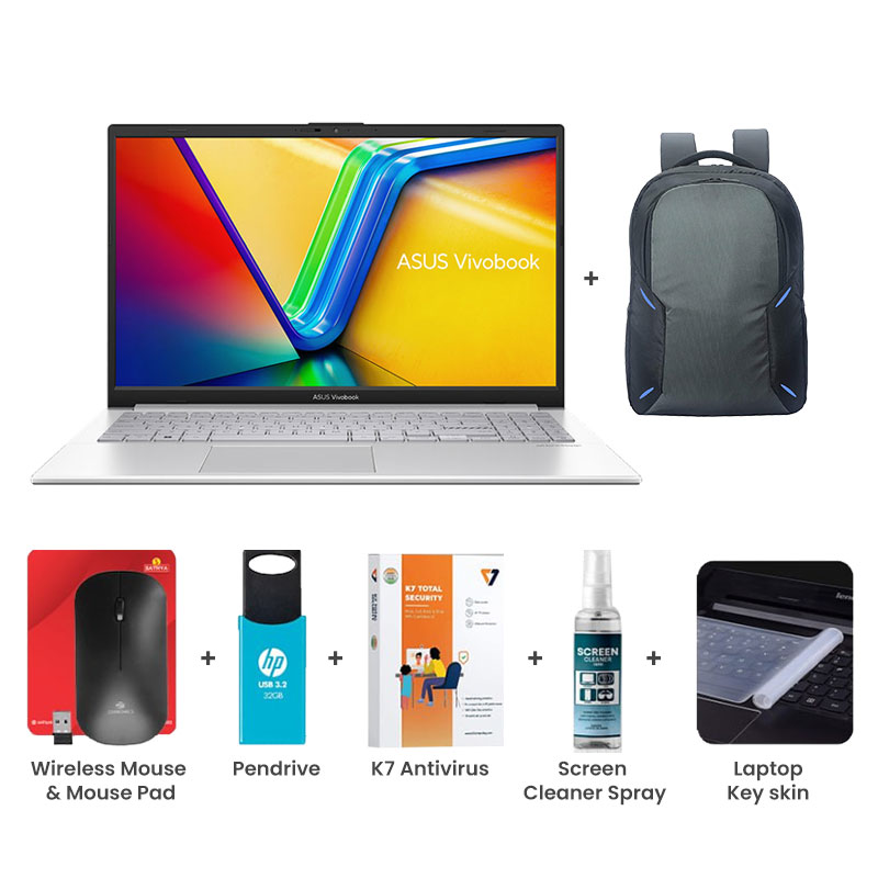Picture of Asus Vivobook Go 15 - AMD Ryzen 5 7520U 15.6" (39.62cm) E1504FA-NJ132WS Thin & Light Laptop (8GB/ 512GB SSD/ Full HD Display/  AMD Radeon Graphics/ Windows 11 Home/ MS Office 2024/ 1 Year Warranty/ Cool Silver/ 1.63 kg) with Laptop Bag + Wireless Mouse & Mouse Pad + Pendrive + K7 Antivirus Single User + Screen Cleaner Spray + Laptop Key Skin