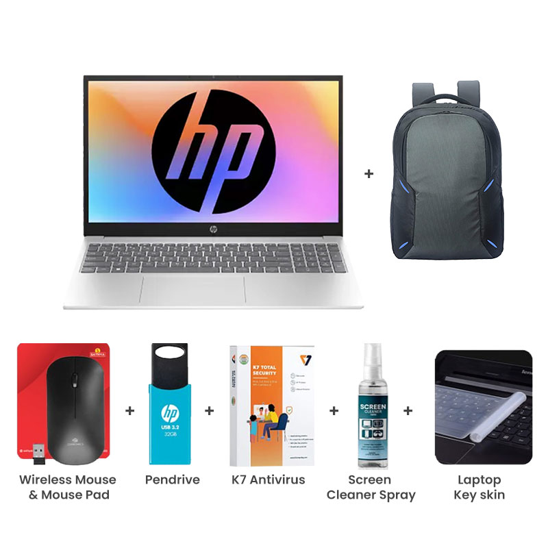 Picture of HP - 13th Gen Intel Core i3-1315U 15.6" (39.6 Cm) 15-fd0465TU Thin & Light Laptop (8GB DDR4/ 512GB NVMe M.2 SSD/ Windows 11 Home/ MS Office 2024/ Micro-Edge/ Anti-Glare 250 nits/ Dual Speakers/ Mic Mute key/ Camera Privacy Shutter / 1Year Warranty/ Silver/ 1.59Kg)  with Laptop Bag + Wireless Mouse & Mouse Pad + Pendrive + K7 Antivirus Single User + Screen Cleaner Spray + Laptop Key Skin