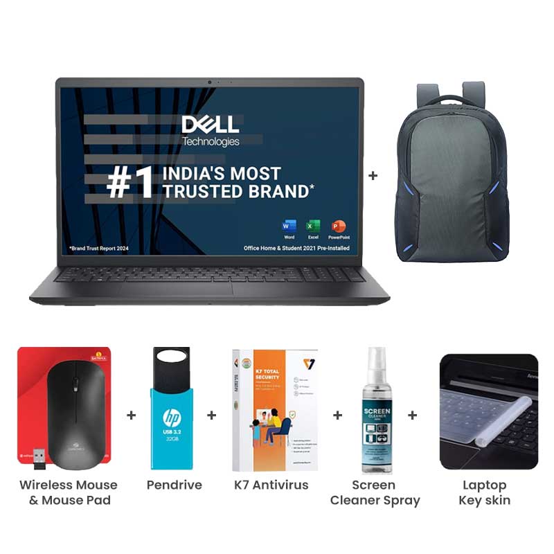 Picture of Dell Inspiron 3530 - 13th Gen Intel Core i5-1334U 15.6" (39.62cm) Thin & Light Laptop (16GB/ 512GB SSD/ Full HD Display/ Windows 11 Home/  MS Office 2021/ Intel UHD Graphics/ 1 Year Warranty/ Carbon Black/ 1.62 kg) with Laptop Bag + Wireless Mouse & Mouse Pad + Pendrive + K7 Antivirus Single User + Screen Cleaner Spray + Laptop Key Skin