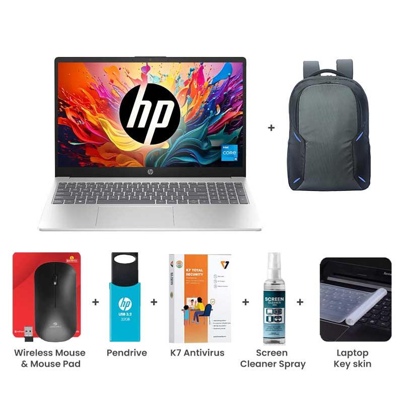 Picture of HP - 13th Gen intel i5 1334U 15.6" (39.6 Cm) FD0467TU Thin & Light Laptop (16GB DDR4 / 512GB NVMe M.2 SSD/ Micro-Edge/ Anti-Glare 250 nits/ Full HD Display/ Windows 11 Home/ Intel Iris Xᵉ Graphics / Backlit / Camera Privacy Shutter / MS Office 2024/ 1 Year Warranty/ 1.59 kg) with Laptop Bag + Wireless Mouse & Mouse Pad + Pendrive + K7 Antivirus Single User + Screen Cleaner Spray + Laptop Key Skin