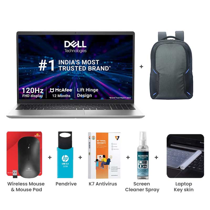 Picture of Dell Inspiron 3530 - 13th Gen Intel Core i7 15.6" (39.62cm) Thin & Light Laptop (16GB/ 512GB SSD/ Full HD Display/ Windows 11 Home/ MS Office 2021/ Intel UHD Graphics/ 1 Year Warranty/ Platinum Silver/ 1.65kg) with Laptop Bag + Wireless Mouse & Mouse Pad + Pendrive + K7 Antivirus Single User + Screen Cleaner Spray + Laptop Key Skin