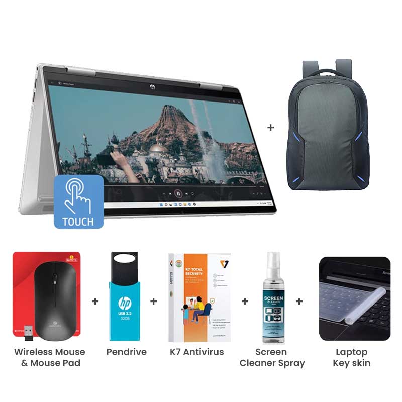 Picture of HP Pavilion x360 - 13th Gen Intel Core i5-1335U 14" (35.6 cm) 14-ek1149TU Thin & Light Laptop (16GB/ 1TB SSD/ Full HD Touch Display/ Intel Iris X Graphics/ Windows 11 Home/ MS Office/ 1 Year Warranty/ Natural Silver/ 1.51kg) with Laptop Bag + Wireless Mouse & Mouse Pad + Pendrive + K7 Antivirus Single User + Screen Cleaner Spray + Laptop Key Skin