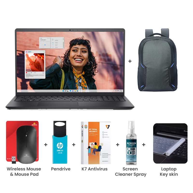 Picture of Dell Inspiron 3530 - 13th Gen Core i3-1305U 15.6" (39.62cm) Thin & Light Laptop (8GB/ 512GB SSD/ Full HD Display/ Windows 11 Home/ MS Office 2021/ Intel UHD Graphics/ 1 Year Warranty/ Carbon Black/ 1.62 kg)  with Laptop Bag + Wireless Mouse & Mouse Pad + Pendrive + K7 Antivirus Single User + Screen Cleaner Spray + Laptop Key Skin