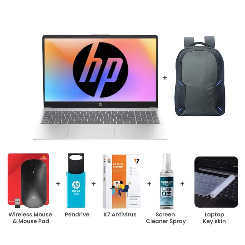 Picture of HP 15s - AMD Ryzen 7-5825U 15.6" (39.6 Cm) 15s-FC0476au Thin and Light Laptop (16GB/ 512GB SSD/ Full HD Display/ Windows 11 Home/ MS Office/ 1Year Warranty/ Natural Silver/1.59Kg) with Laptop Bag + Wireless Mouse & Mouse Pad + Pendrive + K7 Antivirus Single User + Screen Cleaner Spray + Laptop Key Skin