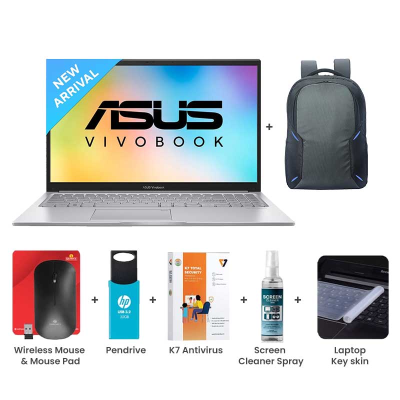 Picture of Asus Vivobook 15 (2025) - 13th Gen Intel Core i3-1315U 15.6" (39.62cm) X1504VA-NJ2324WS Thin and Light Laptop (16GB/ 512GB SSD/ Full HD Display/ Intel UHD Graphics/ Windows 11 Home/ Office Home 2024/ 1 Year Warranty/ Cool Silver/ 1.70 kg) with Laptop Bag + Wireless Mouse & Mouse Pad + Pendrive + K7 Antivirus Single User + Screen Cleaner Spray + Laptop Key Skin
