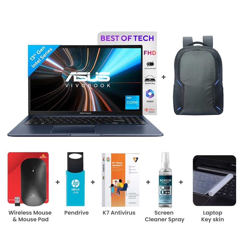 Picture of Asus Vivobook 15 - 13th Gen Intel Core i3-1315U 15.6" (39.62cm) X1504VA-NJ3321WS Thin & Light Laptop (8GB/ 512GB SSD/ Full HD Display/ Intel UHD Graphics/ Windows 11 Home/ MS Office/ 1 Year Warranty/ Quiet Blue/ 1.70 kg) with Laptop Bag + Wireless Mouse & Mouse Pad + Pendrive + K7 Antivirus Single User + Screen Cleaner Spray + Laptop Key Skin