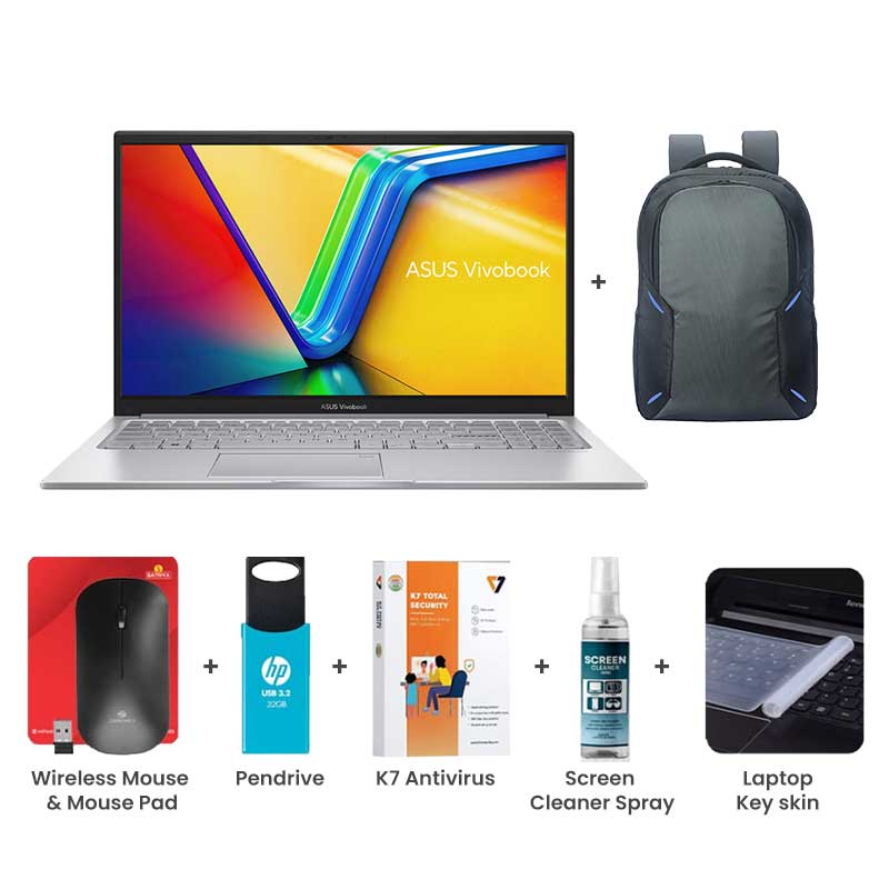 Picture of Asus Vivobook Go 15 (2025) - Intel Core 5 120U 15.6" (39.62cm) X1504VAP-NJ2862WS  Thin and Light Laptop (16GB/ 512GB SSD/ Full HD Display/ Windows 11 Home/ Intel Integrated UHD Graphics/ MS Office/ 1 Year Warranty/ Cool Silver/ 1.7 kg) with Laptop Bag + Wireless Mouse & Mouse Pad + Pendrive + K7 Antivirus Single User + Screen Cleaner Spray + Laptop Key Skin