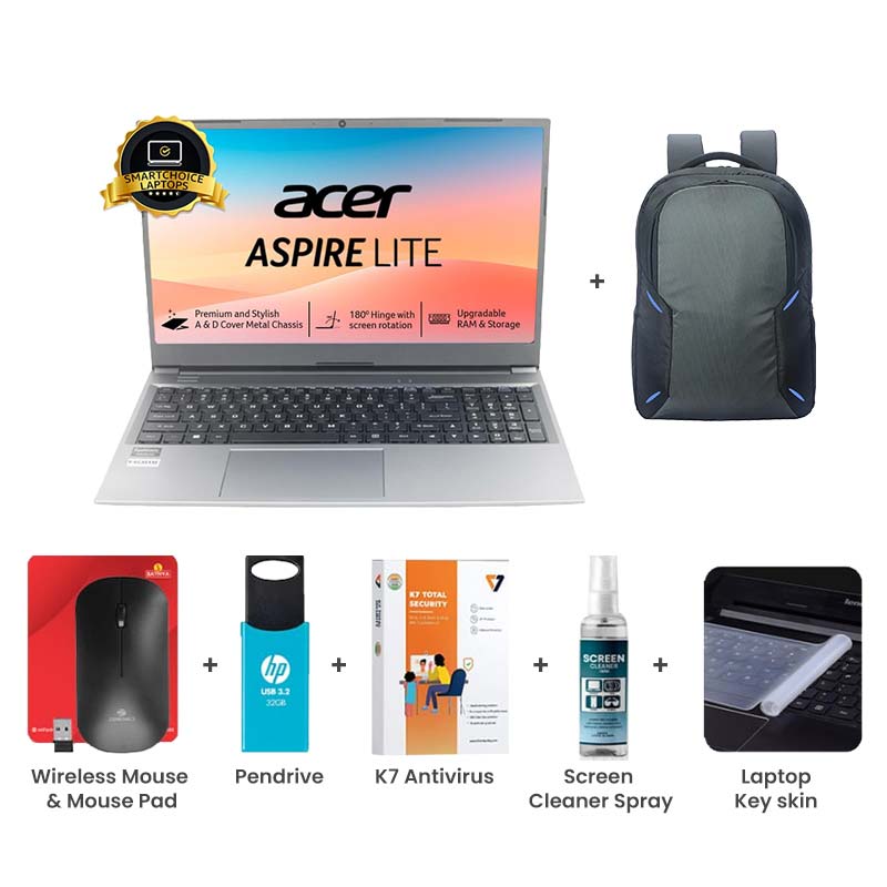 Picture of Acer Aspire Lite - AMD Ryzen 3 7330U 15.6" (39.62 cm) AL15-41 Thin & Light Laptop  (8GB/ 512GB SSD/ Full HD Display / ‎AMD Radeon Graphics/ Windows 11 Home / 1Year Warranty/ Steel Gray/ 1.6 Kg) with Laptop Bag + Wireless Mouse & Mouse Pad + Pendrive + K7 Antivirus Single User + Screen Cleaner Spray + Laptop Key Skin