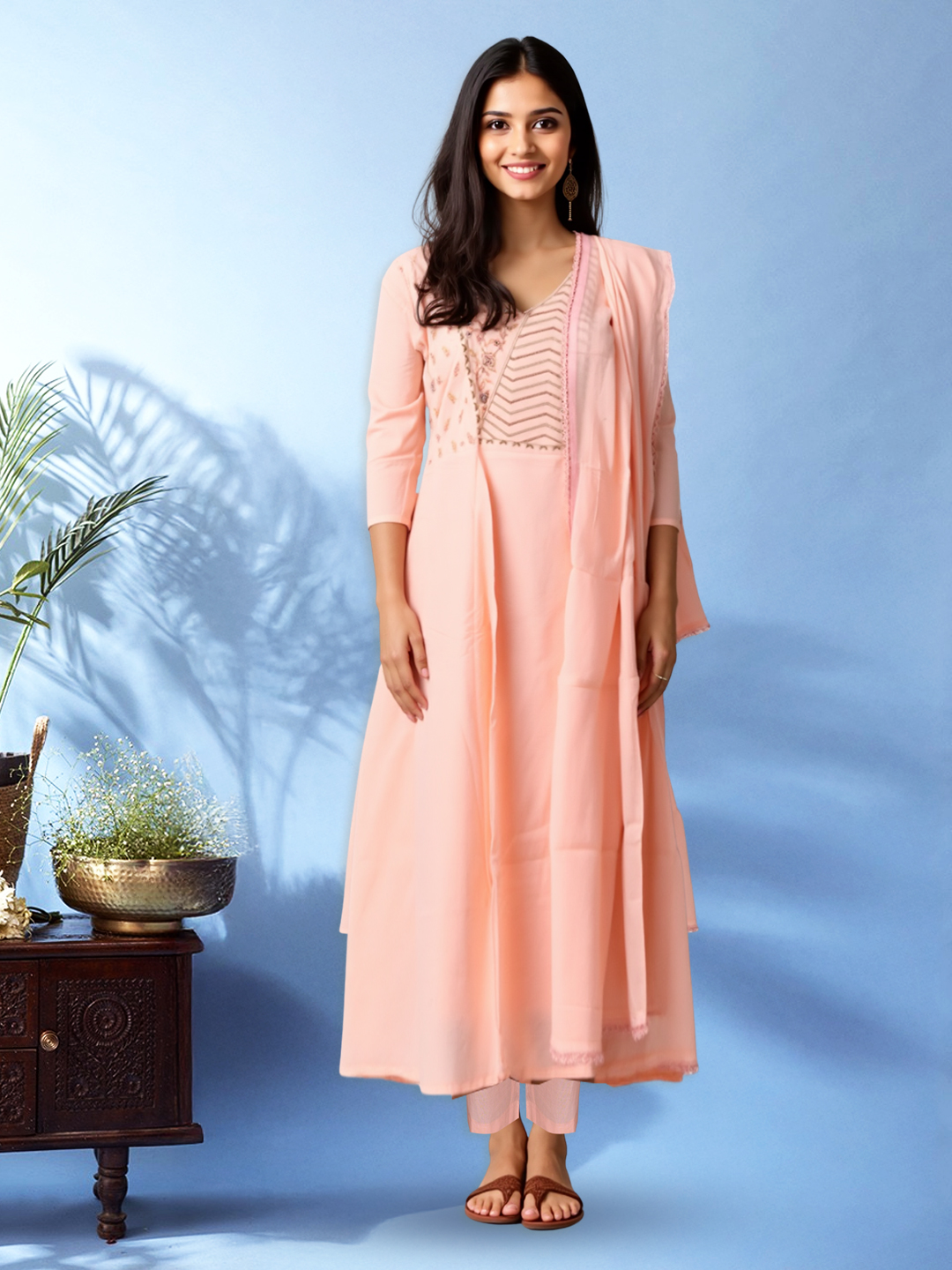 Beautiful Floral Embroidered Kurta with Pant & Dupatta Set